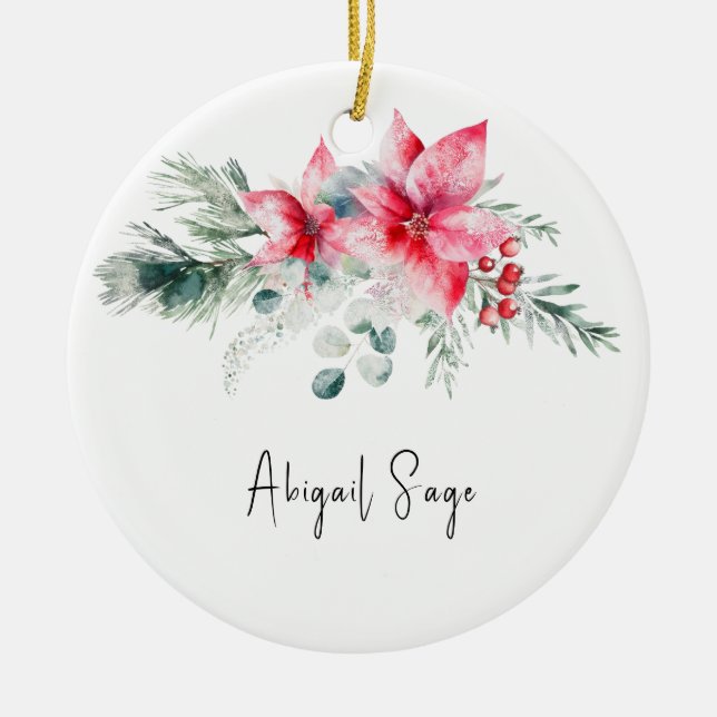 Christmas Poinsettia Evergreen Floral Bible Verse Ceramic Tree Decoration (Front)