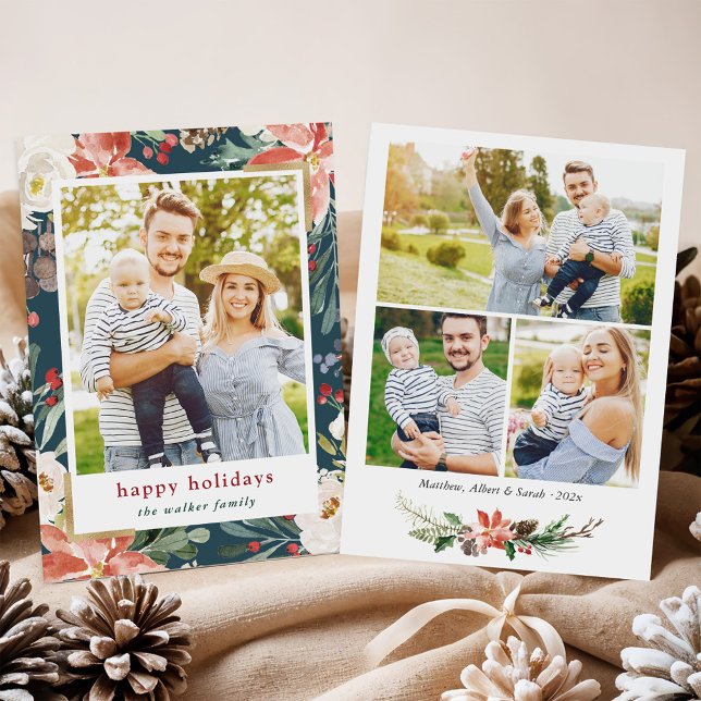 Christmas Poinsettia Floral 4 Photos Collage Holiday Card (Creator Uploaded)