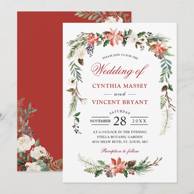 Christmas Poinsettia Floral Arch Winter Wedding Invitation (Front/Back)