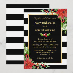 Christmas Poinsettia Floral Black Stripes Wedding Invitation