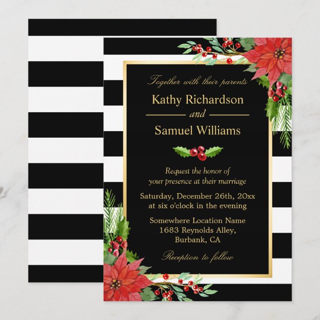 Christmas Poinsettia Floral Black Stripes Wedding Invitation (Front/Back)