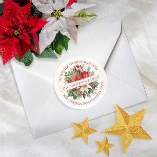 Christmas Poinsettia Floral Bouquet Return Address Classic Round Sticker