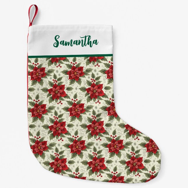 Christmas Poinsettia Floral Christmas Stocking  (Front)