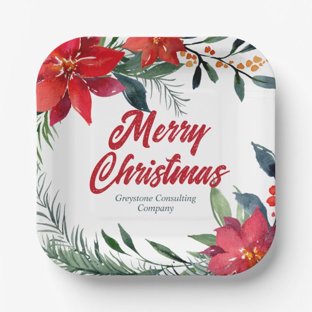 Christmas Poinsettia Floral Company Holiday Party Paper Plate (Front)