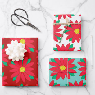 Christmas Poinsettia Floral Festive Print on Red   Wrapping Paper Sheet