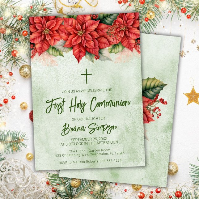 Christmas Poinsettia Floral First Holy Communion Invitation (Creator Uploaded)