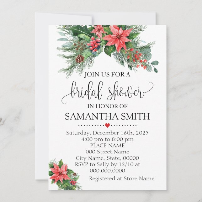 Christmas Poinsettia floral Holiday Bridal Shower Invitation (Front)