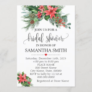 Christmas Poinsettia floral Holiday Bridal Shower Invitation