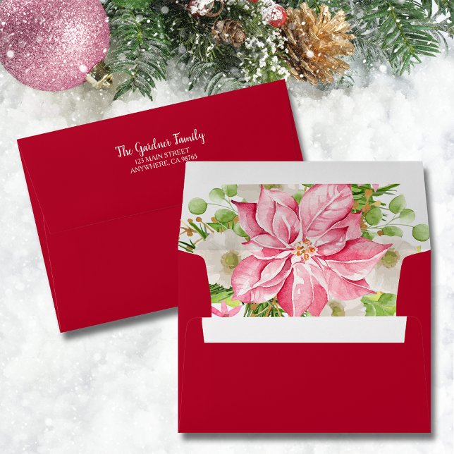 Christmas Poinsettia Floral Holiday Envelope (Christmas Pink Poinsettia Floral Holiday Envelopes with FREE return address on back flap)