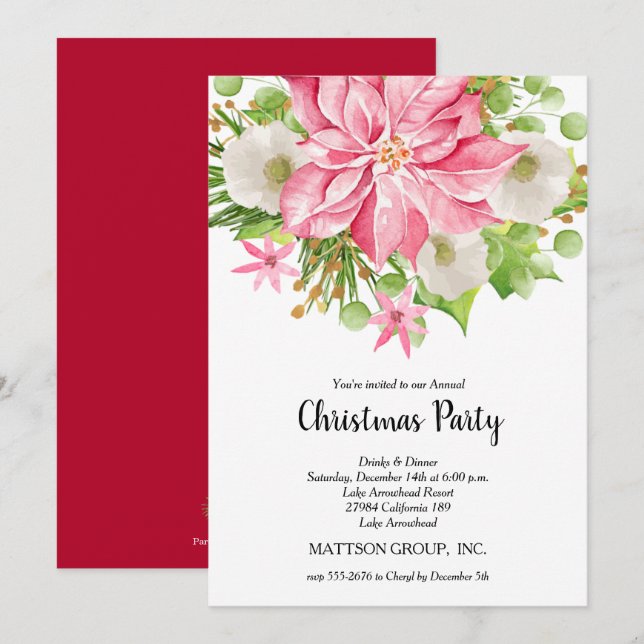 Christmas Poinsettia Floral Holiday Invitations (Front/Back)