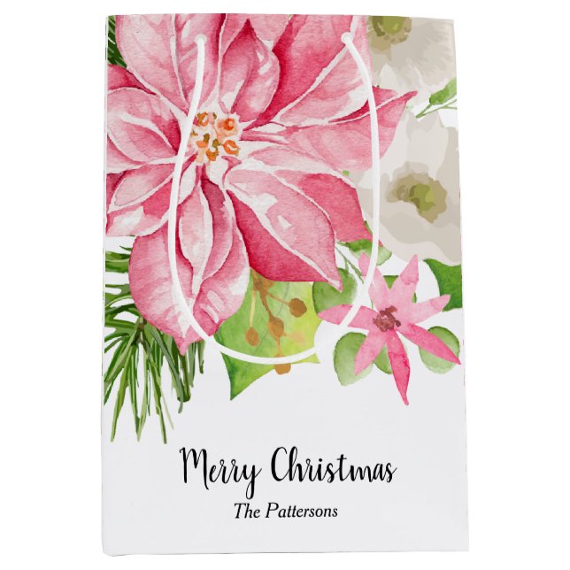 Christmas Poinsettia Floral Holiday Medium Gift Bag (Front)