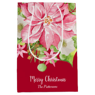 Christmas Poinsettia Floral Holiday Red Medium Gift Bag