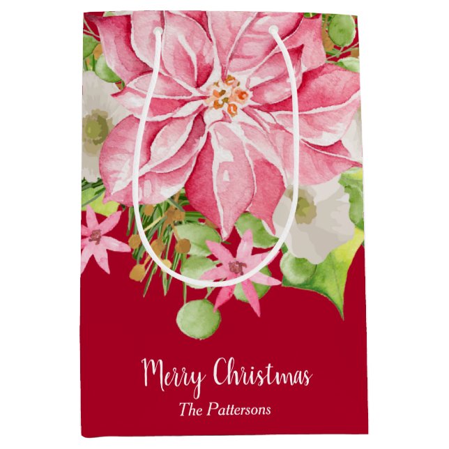 Christmas Poinsettia Floral Holiday Red Medium Gift Bag (Front)