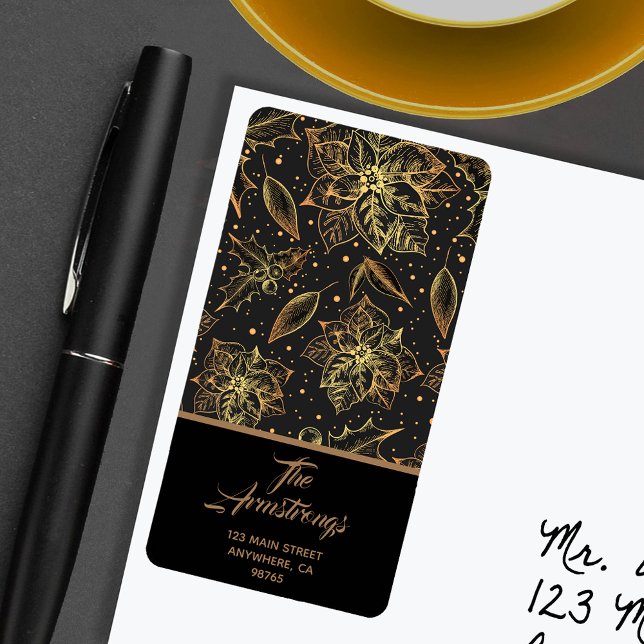 Christmas Poinsettia Floral Holiday Return Address Label (Gold Christmas poinsettias floral holiday return address labels)
