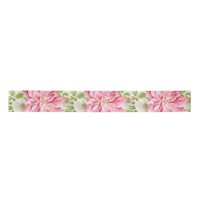 Christmas Poinsettia Floral Holiday Satin Ribbon (Front)