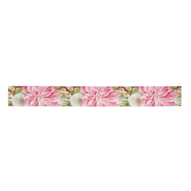 Christmas Poinsettia Floral Holiday Satin Ribbon (Front)