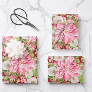Christmas Poinsettia Floral Holiday Wrapping Paper Sheet