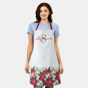 Christmas Poinsettia Floral Monogram Name  Apron