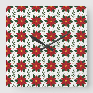 Christmas Poinsettia Floral Pattern | Red Green Square Wall Clock