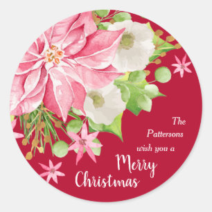 Christmas Poinsettia Floral Red Holiday Classic Round Sticker