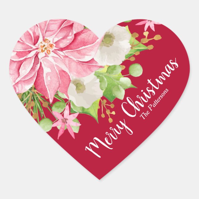 Christmas Poinsettia Floral Red Holiday Heart Sticker (Front)
