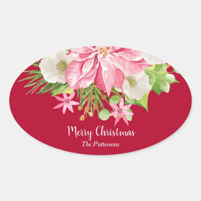 Christmas Poinsettia Floral Red Holiday Oval Sticker (Front)