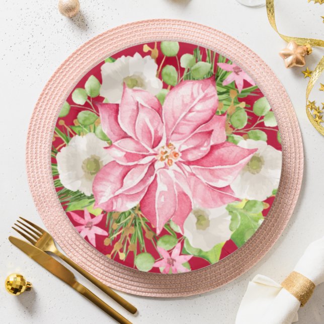 Christmas Poinsettia Floral Red Holiday Paper Plate (Creator Uploaded)