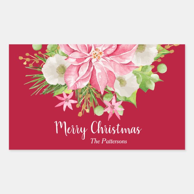 Christmas Poinsettia Floral Red Holiday Rectangular Sticker (Front)