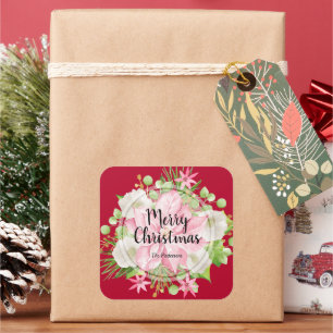 Christmas Poinsettia Floral Red Holiday Square Sticker
