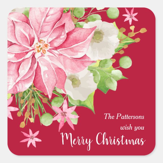 Christmas Poinsettia Floral Red Holiday Square Sticker (Front)
