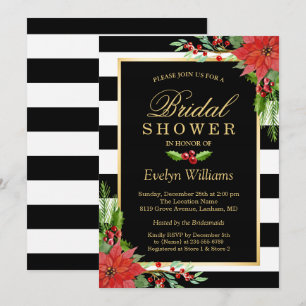 Christmas Poinsettia Floral Striped Bridal Shower Invitation