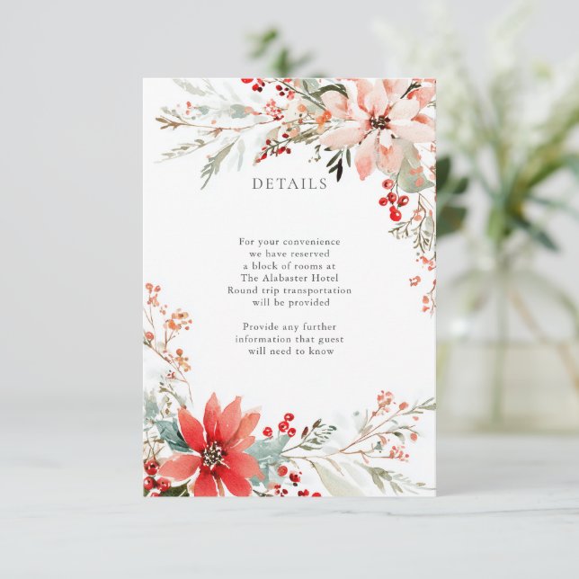 Christmas Poinsettia floral Wedding Details Enclosure Card (Standing Front)