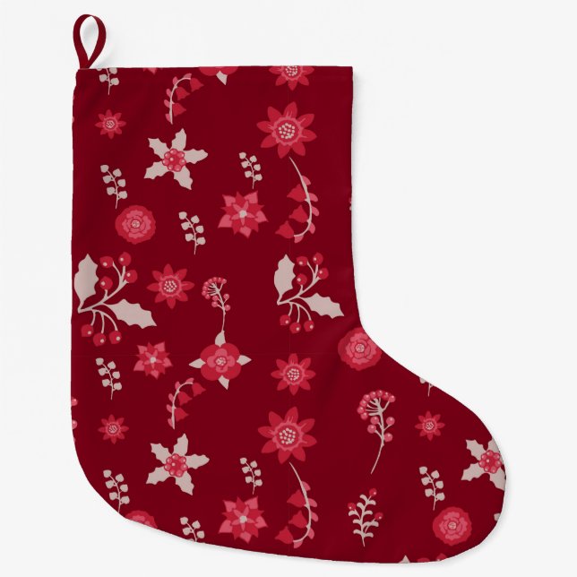 Christmas Poinsettia Flower And Cherry Wrapping Pa Large Christmas Stocking (Front)