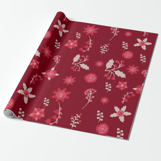 Christmas Poinsettia Flower And Cherry Wrapping Paper (Unrolled)