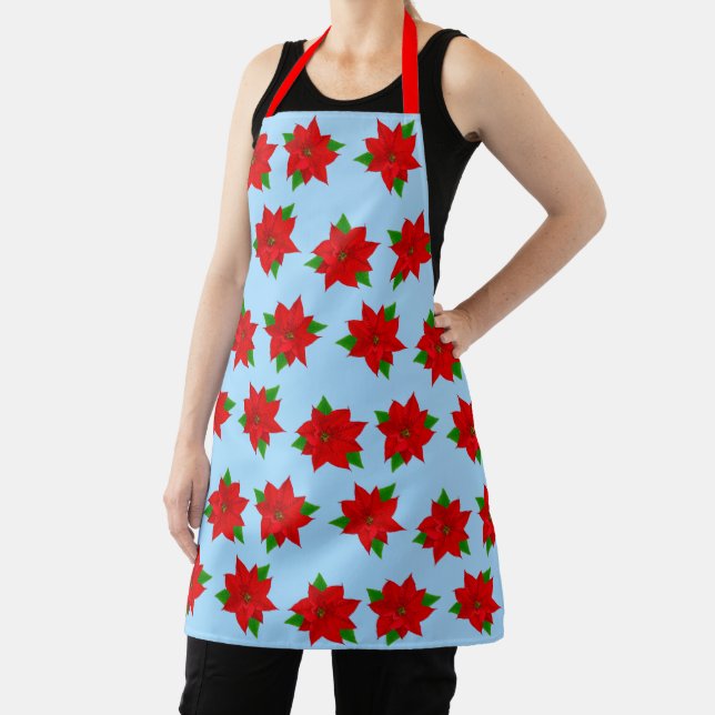Christmas Poinsettia Flower Pattern on Light Blue Apron (Insitu)