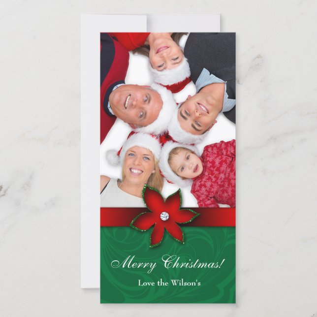 Christmas Poinsettia Flower Photo Card Red Green (Front)