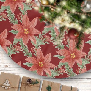 Christmas Poinsettia Flower Red Green Botanical Brushed Polyester Tree Skirt