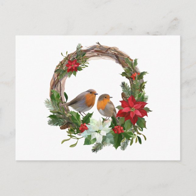 Christmas Poinsettia Flower Wreath and Birds  Postcard (Front)