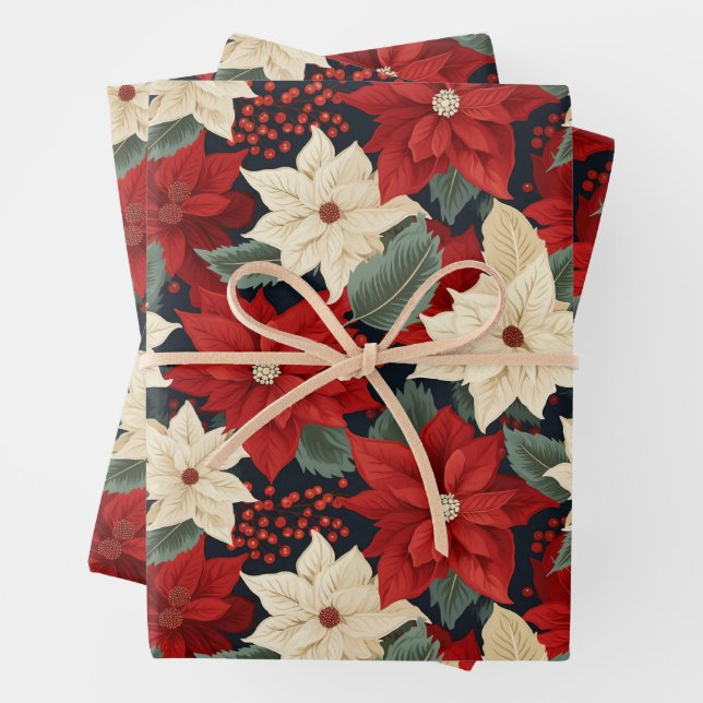 Christmas Poinsettia Flowers and Red Berries  Wrapping Paper Sheet (In situ)