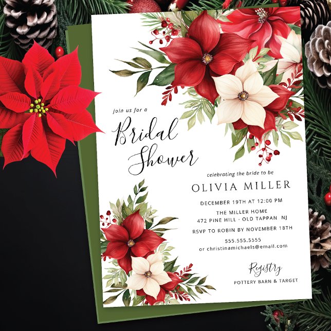 Christmas Poinsettia Flowers Bridal Shower  Invitation (Creator Uploaded)