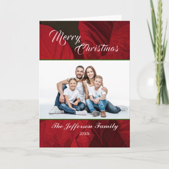 Christmas Poinsettia Flowers Family Photo Custom Holiday Card (Front)