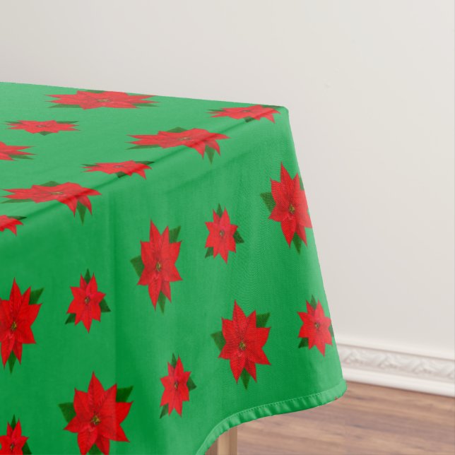 Christmas Poinsettia Flowers on Green Tablecloth (In Situ)