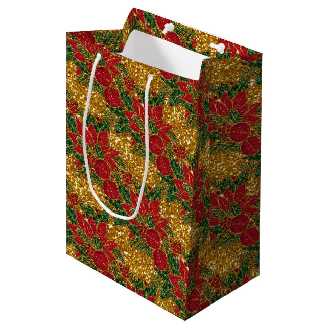 Christmas Poinsettia-GIFT BAG, Gold-M Medium Gift Bag (Front Angled)