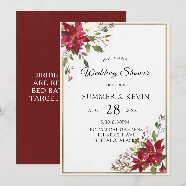 Christmas Poinsettia Gold FrameWedding Shower Invitation (Front/Back)