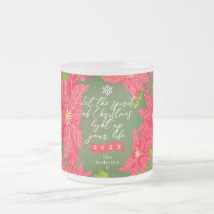 Christmas Poinsettia Green Frosted Glass Coffee Mug