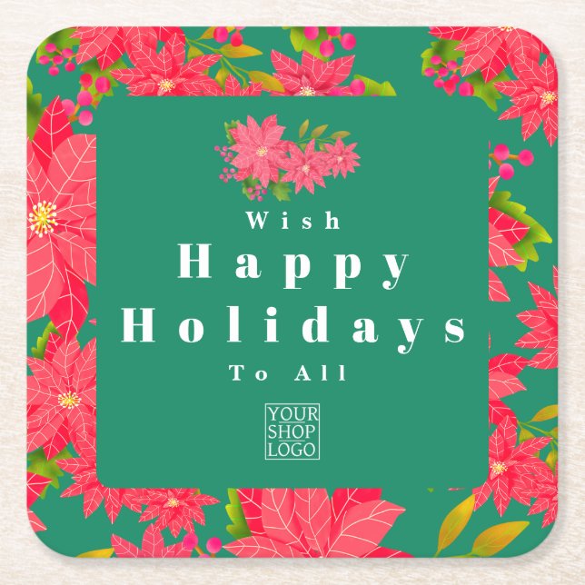 Christmas Poinsettia Green Logo Square Paper Coaster (Front)