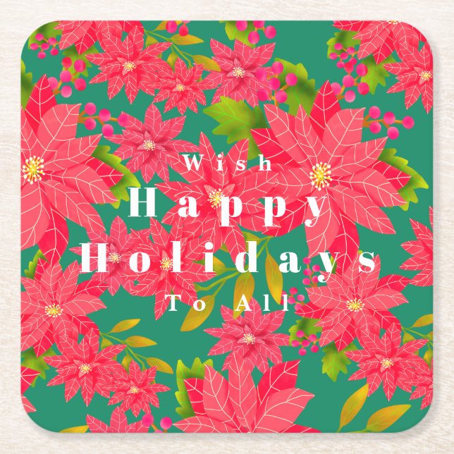 Christmas Poinsettia Green Square Paper Coaster (Front)