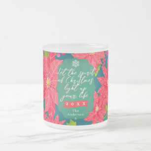 Christmas Poinsettia Green Teal Frosted Glass Coffee Mug