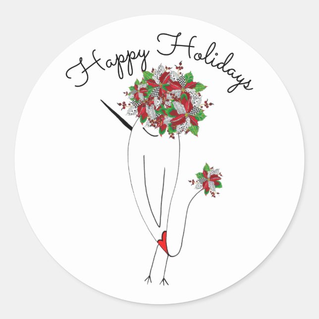 Christmas Poinsettia Happy Holidays Bird Classic Round Sticker (Front)