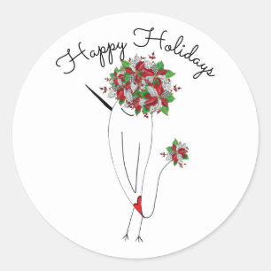 Christmas Poinsettia Happy Holidays Bird Classic Round Sticker